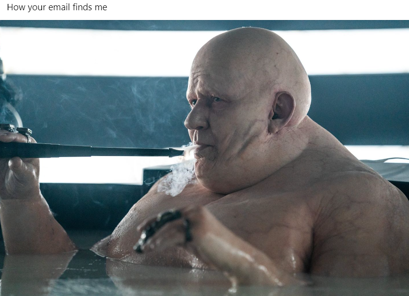 This meme is a humorous take on the frustration of receiving a generic or unhelpful email response. The image depicts a character from the TV show "Succession" (Logan Roy) in a bathtub, smoking a cigar and looking disinterested. The text above the image reads, "How your email finds me."